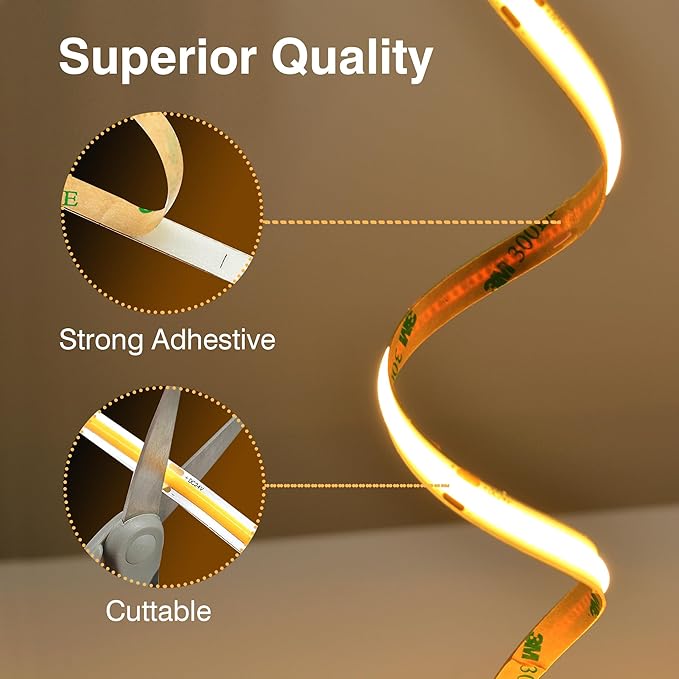 Pandery COB LED Strip Lights Warm White,24V Dimmable led Light Strip KIT with Remote and app Control,2700K 25FT/7.5m 8mm Wide Ra>90 Cuttable Flexible Strip Lights for Bedroom,Wardrobe,Cabinet