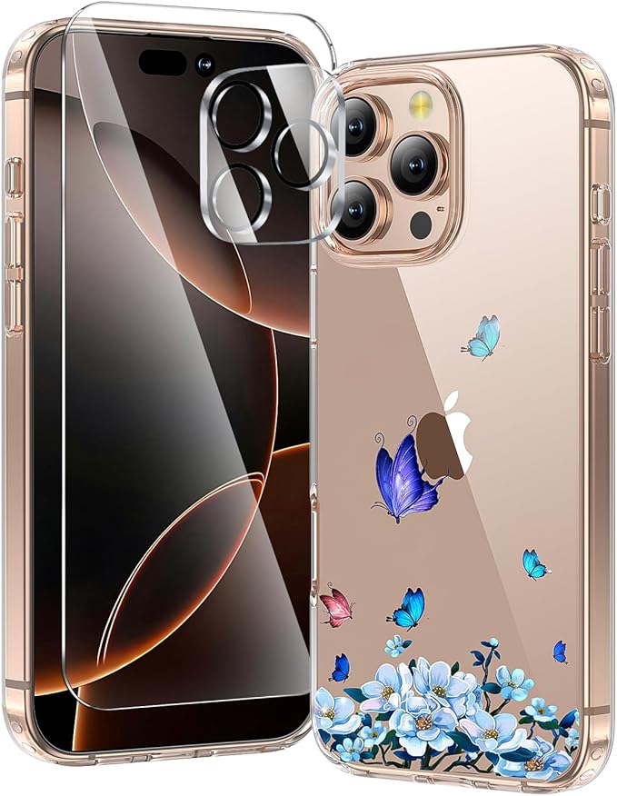 toushion 3 in 1 for iPhone 16 Pro Case Clear, Screen Protector *1 & Camera Lens Protector*1, Print Shockproof for iPhone 16 Pro Phone Case 6.3 inch Floral