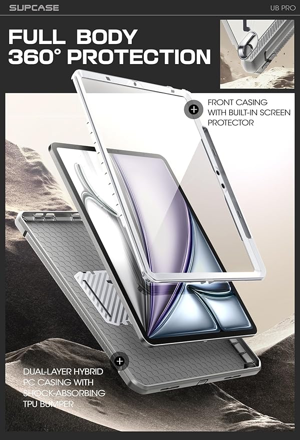 SUPCASE for iPad Air 11 Inch Case M4/M3/M2 (2026/2025/2024), [Built-in Screen Protector & Pencil Holder & Stand] Rugged Protective Cover for iPad Air 10.9 Inch 5th/4th Generation (2022/2020), White