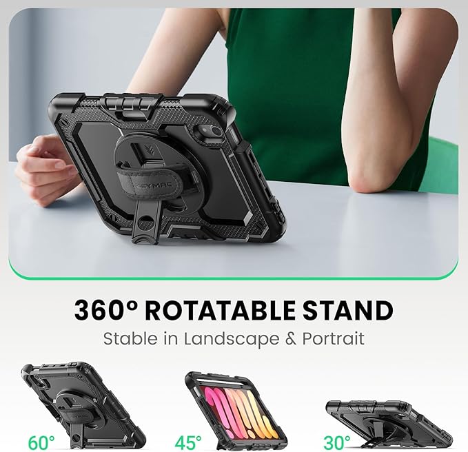 SEYMAC Case for iPad mini 7 (A17 Pro) 2024/ Mini 6 8.3″, Full-Body Shockproof Protective Case with Screen Protector, 360° Rotating Stand, Hand/Shoulder Strap for iPad mini 7th/ 6th Generation, Black