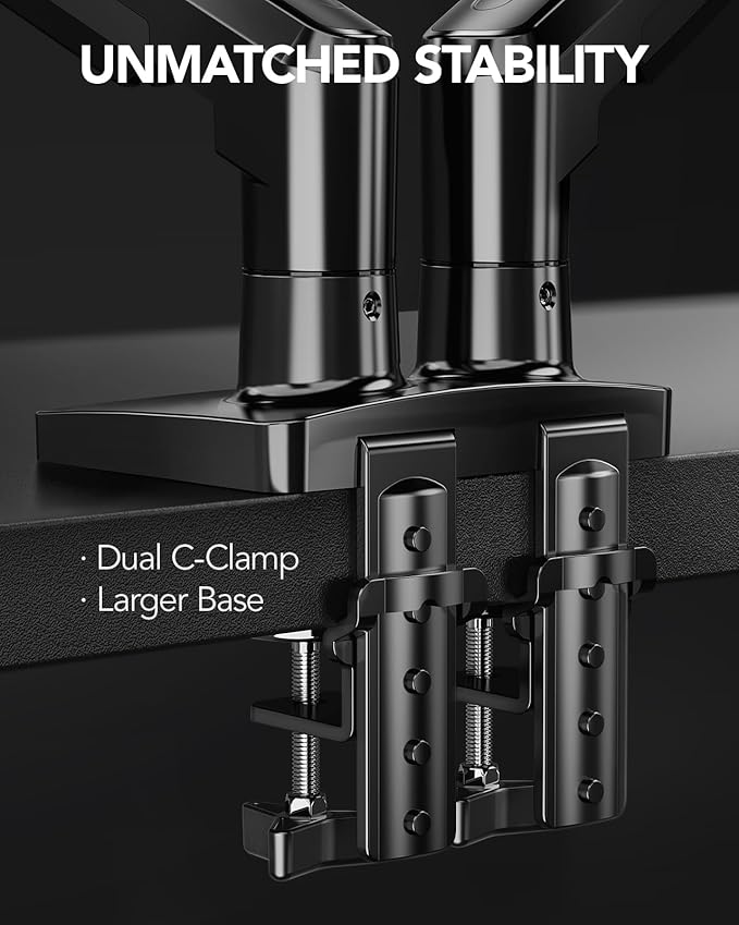 HUANUO FlowLift™ Dual Monitor Stand, Fully Adjustable Gaming Monitor Desk Mount for 13–32″ Computer Screens, Full Motion VESA 75x75/100x100 with C-Clamp & Grommet Base, Each Arm Holds 4.4 to 19.8 lbs