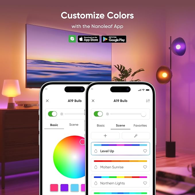 Nanoleaf Essentials Smart Light Bulbs, Matter Smart LED Bulbs Work with Alexa & Google Home, 1000lm 16M+ RGBTW Color Changing Light Bulb, Music Sync A19 E26 2.4GHz WiFi Bluetooth Light Bulb 60W, 4PK