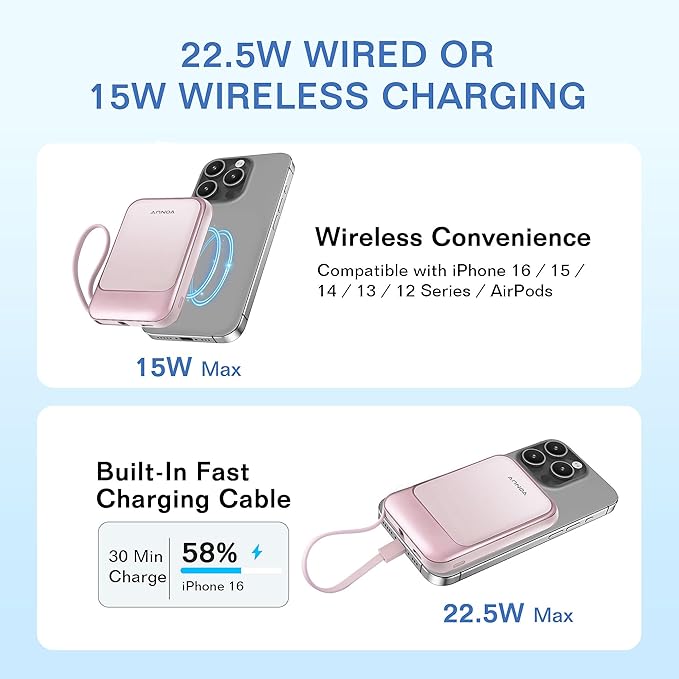 Magnetic Power Bank 10000mAh, Wireless Portable Charger with 15W Max Fast Charging & Built-in USB-C Cable, 22.5W PD LED Display Battery Pack Compatible with iPhone 17/16/15, Samsung Galaxy(pink)