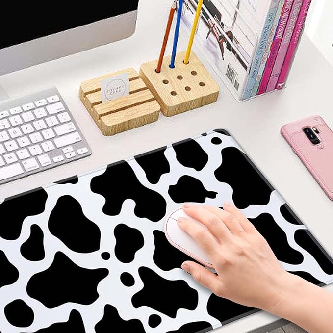 Cute Cow Pattern Desk Pad - Large XL 31.5''X 11.8'' Gaming Mousepad - White & Black - On Top of Desks - Laptop Computer Keyboard Mouse Mat