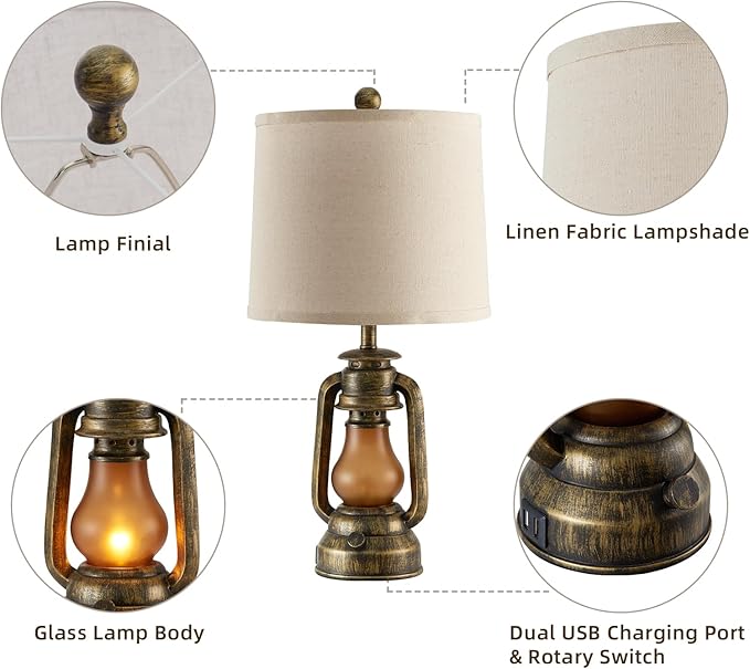 Set of 2 Farmhouse Lantern Table Lamps for Living Room with 2 USB Charging Ports, Rustic Vintage Nightstand Lamps with Nightlight for Bedroom End Table Entryway, 4 Bulb Included
