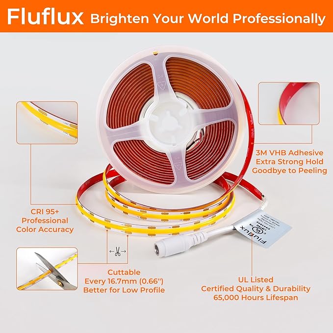 2700K COB LED Strip Lights, 24Volt Premium Flexible Tape Light with Strong 3M VHB Adhesive, CRI 95, UL Listed, Cuttable, Dimmable, 5W/FT for Bedroom, Kitchen, Cabinet (NO Power Supply)