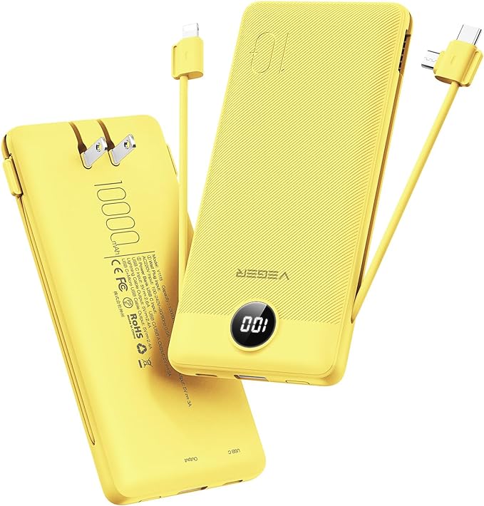 VEGER Portable Charger with Built-in AC Plug and Cables, All in One 10000mAh Ultra Slim Power Bank Travel Essentials, Fast Charging Battery Pack Compatible with iPhone, Samsung, Android (Yellow)