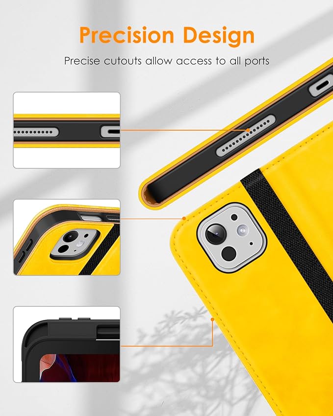 DTTO for iPad Pro 11 inch Case (M5/M4) 2025/2024, Premium Leather Business Folio Stand Cover with Pencil Holder - Auto Wake/Sleep and Multiple Viewing Angles, Yellow