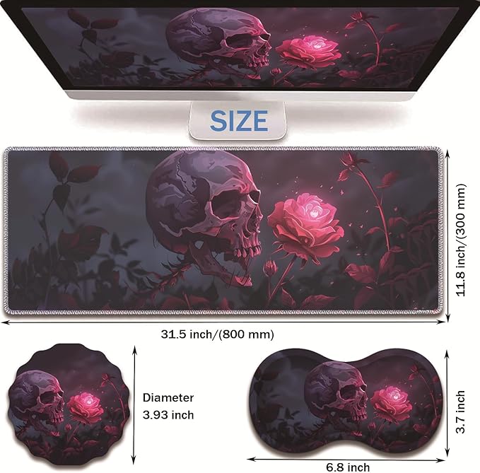 Extended Non-Slip Mouse Pad + Mouse Wrist Rest + Lace-Shaped Coaster Set, Ergonomic Design, Suitable for Desk and Home Gaming Table Mat, Rose Skull