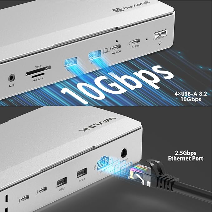 WAVLINK Intel Certified Thunderbolt 5 Docking Station: TB5 Dock with 120Gbps Max Transfer, Thunderbolt 5 hub with 140W Max Charging, 4X USB-A 3.2 Gen 2, Cooling System, 8K Display for TBT 5/4 Laptops