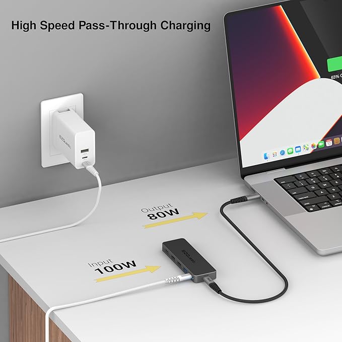 USB-C 5-in-1 Hub Pro Series: 4K 60Hz HDMI, 100W PD Charging, USB 3.0 Data, 20" Detachable Cable. Multiport Adapter for MacBook