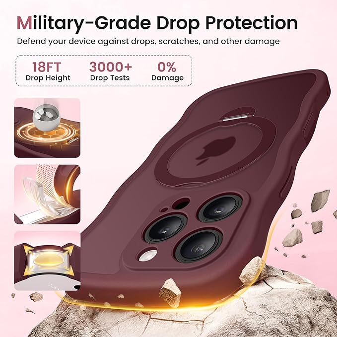 CAPRARO for iPhone 16 Pro Case with 360° Spin Magnetic Stand for Women, [Compatible with MagSafe] [Full Camera Protection] Cute Wave Translucent Matte Case for iPhone 16 Pro, Wine Red