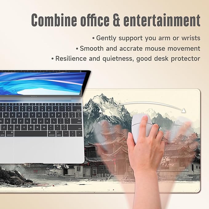 Extended Gaming Mouse Pad, Large Mouse Mat 3 mm Nature Rubber Base Mousepad with Stitched Edges, Non-Slip Desk Mat for Office Home Great Gift 31.5x11.8 Inch (Japanese Ink 4)