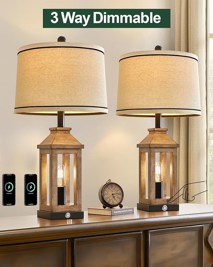 G-SAFAVA 23.75" Farmhouse Dual USB Charging Ports 3-Way Dimmable Touch Control Table Lamp with Nightlight Vintage Modern Lamps for Living Room Bedroom