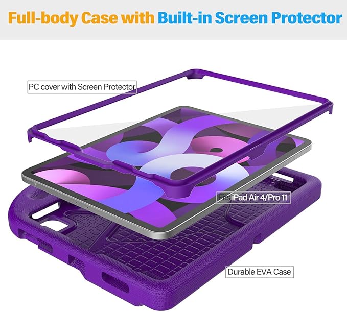 SUPLIK Kids Case for iPad Air 5th/4th Generation (10.9 inch,2022/2020), Built with Screen Protector, iPad Air 5 Kidproof Case with Handle Stand for Apple iPad Air Gen 4/5&Pro 11 Old Version, Purple
