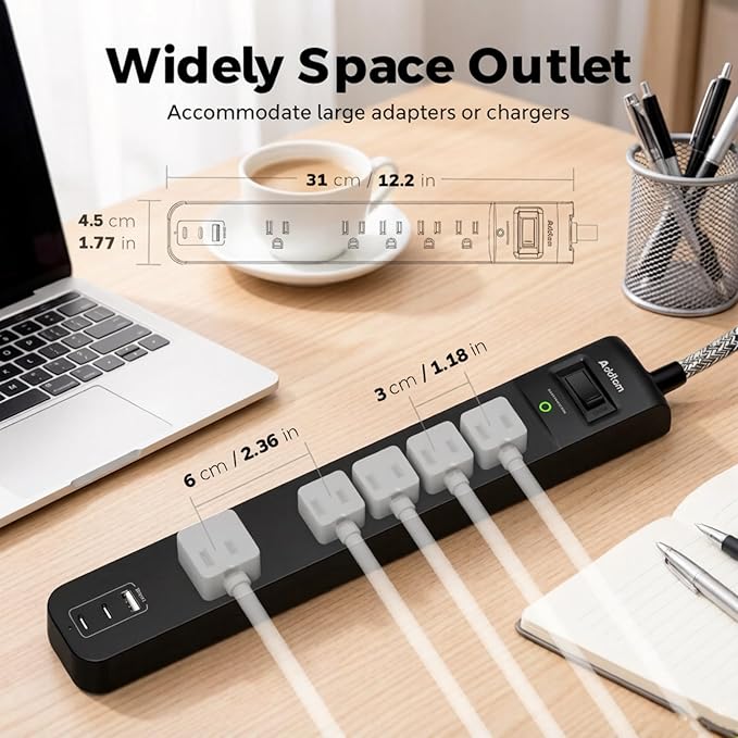 Addtam 2 Pack Power Strip Surge Protector – 5 Wide Spaced Outlets 3 USB (2 USB-C) Charging Ports, 1875W/15A, 3ft Braided Cord, Flat Plug, Overload Surge Protection, Wall Mount for Home, Office & Dorm