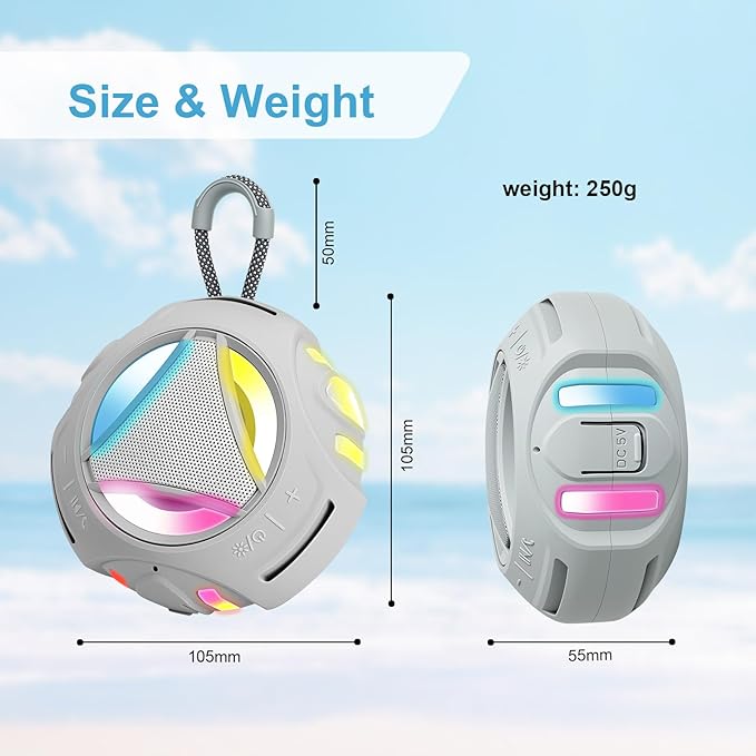 Portable Bluetooth Speaker, IPX7 Waterproof Shower Speaker, Wireless Outdoor Speakers, Floating, Built-in Mic, 24H Playtime with LED Lights, Loud HD Sound, Powerful Bass, Gifts for Unisex - Gray