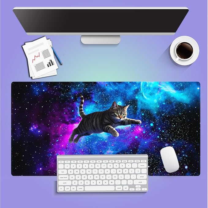 Large Gaming Mouse Pad (31.5" x 15.8") - Cute Flying Space Cat Funny Lovely Kitten Playing Blue Purple Galaxy Nebula, Extra XXL Extended Office Accessories, Premium Stitched Anti-Slip Desk Mat