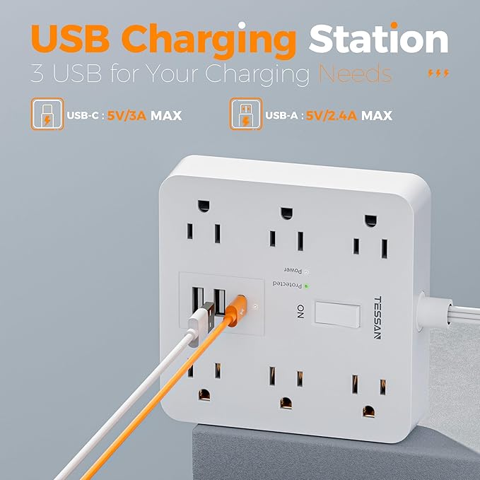 TESSAN 5Ft White Extension Cord with Multiple Outlets, Surge Protector Power Strip with 6 Outlets and 3 USB Ports (1 USB C), 1700 Joules Protection, Flat Plug, Outlet Extender for Home, Office, Dorm