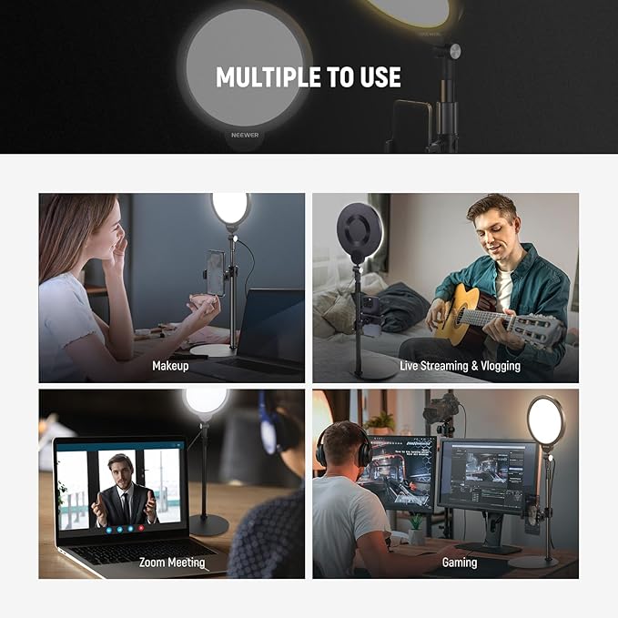 NEEWER Basics 2 Pack 7" Desktop Ring Lights for Video Recording, 10W Dimmable Full Screen Key Lighting with Desk Stands & Phone Holders for iPhone Computer Laptop Vlog Streaming Video Conference, R06