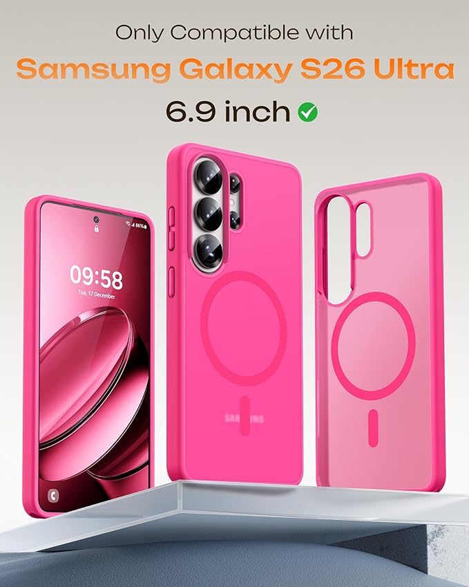 TOCOL for Samsung Galaxy S26 Ultra Case, Built-in Magnetic Ring, Drop Protection, Slim Translucent Matte Phone Case for Galaxy S26 Ultra 6.9 inch (Hot Pink)
