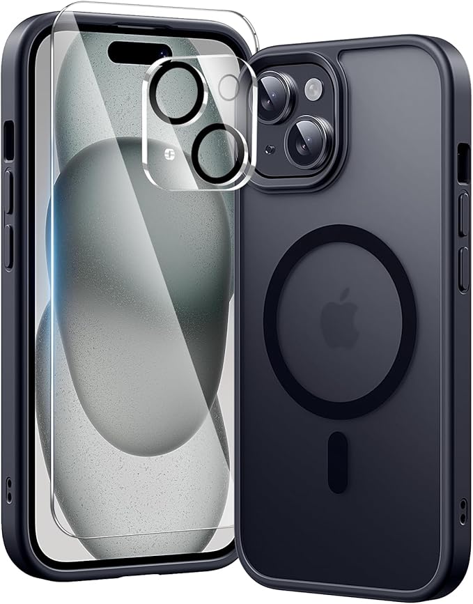 toushion 3 in 1 for iPhone 15 Plus Case with MagSafe, Screen Protector*1 Camera Lens Protector*1,Skin Feeling Back Cover Military-Grade Protection for iPhone 15 Plus Phone Case 6.7 inch Matte Black