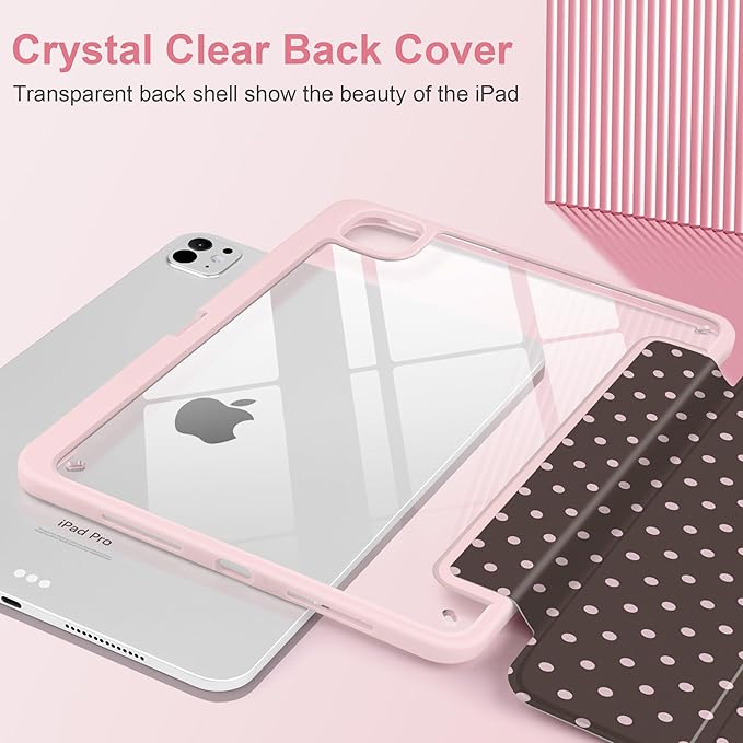 TWOLSKOO Case for iPad Pro 11-inch (M5 2025 / M4 2024), Clear Acrylic Back with TPU Bumper, Pencil Holder, Trifold Stand, Auto Sleep/Wake, Chocolate Polka Dot