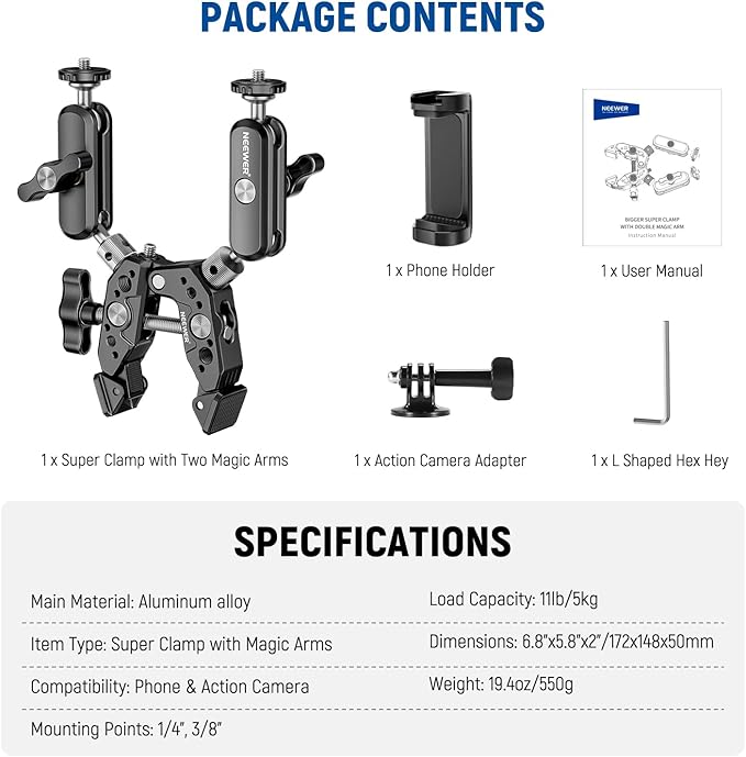 NEEWER Heavy Duty Super Clamp with Two 360° Dual Ball Head Magic Arms, 1/4" 3/8" Screw Threads, Phone & Action Camera Mount Adapter for Flat/Round Surface Compatible with GoPro DJI Insta360 DSLR