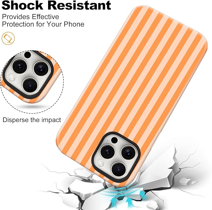 Magnetic for iPhone 17 Case Cute Stripes Phone Case, Shockproof Slim TPU and Hard PC Protective Phone Cover Compatible with MagSafe Designed for Women Girls, Orange