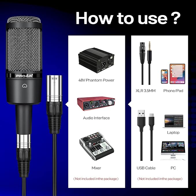 Condenser Microphone XLR,Professional Studio Recording Microphone for Computer PC,Cardioid Podcast Mic Kit with Boom Arm,Gaming Microphone for Streaming,ASMR,Singing,Voice Over,Vocal,YouTube,Zoom