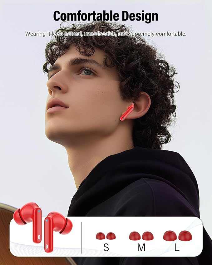 Btootos Wireless Earbuds, Bluetooth 5.4 Headphones Bass Stereo, Ear Buds with Noise Cancelling Mic, IP7 Waterproof in Ear Earphones, 36H LED Display Bluetooth Earbuds for Laptop Pad Phones, Rose Red