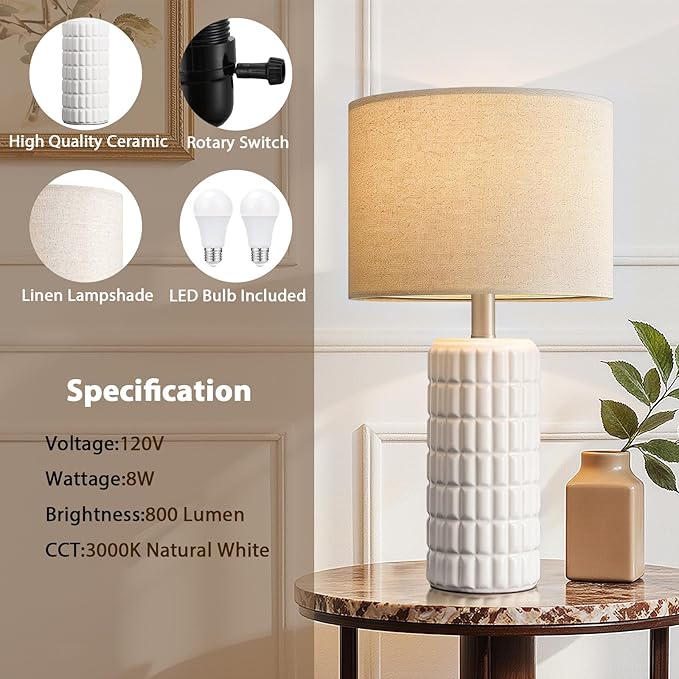 Seealle 23" Modern Ceramic Table Lamps Set of 2 - Table Lamps for Living Room, Farmhouse Bedside Night Stands Lamp for Bedroom, White Boho Nightstand Lamps Set of 2(Bulb Included)