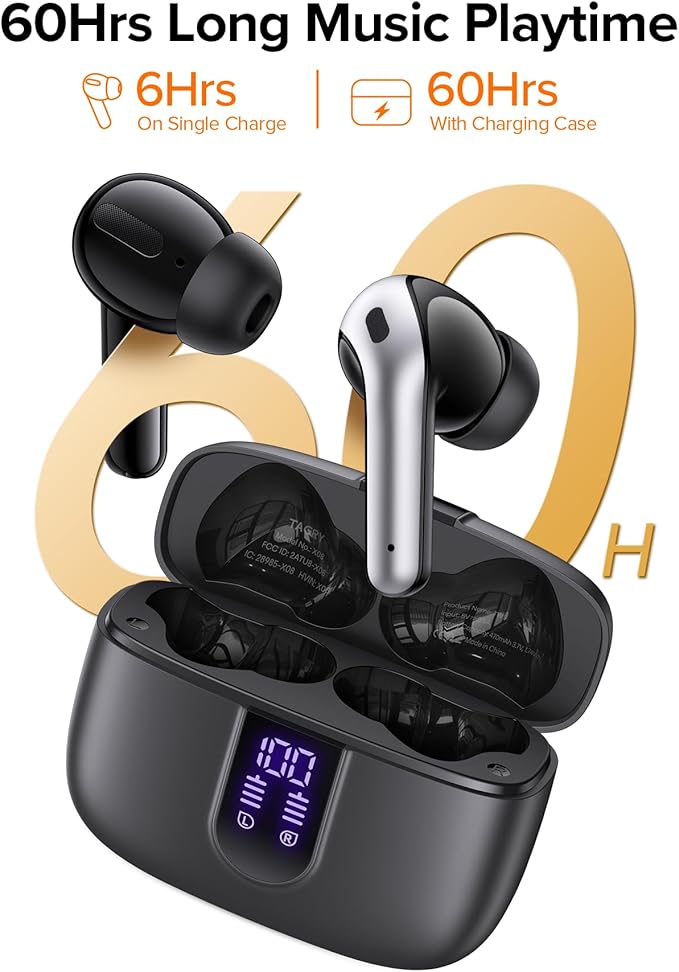 TAGRY Bluetooth Headphones True Wireless Earbuds 60H Playback LED Power Display Earphones with Wireless Charging Case IPX5 Waterproof in-Ear Ear buds with Mic for TV Smart Phone Laptop Computer Sports