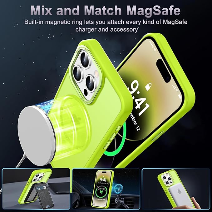 Newfuture Designed for iPhone 14 Pro Case with Magnetic [13 FT Military Drop Protection] [Compatible with Magsafe] Slim Translucent Matte Shockproof with Anti-Fingerprint Phone Case, Fluorescent Green