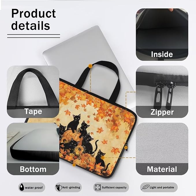 Cat Pumpkin Maple Leaf Laptop Sleeve, 10-17 Inch Portable Zipper Carrying Sleeve Case Bag Computer Tablet Handbag Case Thanksgiving Notebook Messenger Briefcase for Travel/Business
