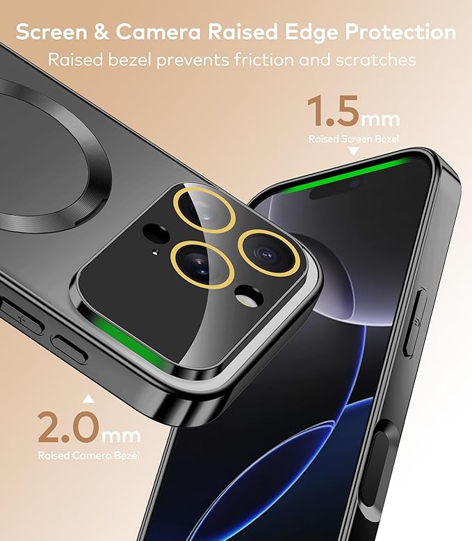 TOBOVON Magnetic for iPhone 16 Pro Max Case with Ring Stand, Fits MagSafe, with Built-in Camera Lens Protector, Slim Electroplated Shockproof Phone Cover, Black
