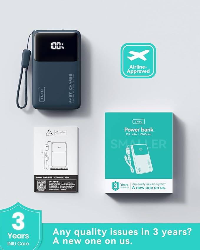 INIU Portable Charger, Compact 45W Fast Charging Power Bank, 10000mAh USB C Battery Pack with Cable & Stand, TSA Travel Phone Charger for iPhone 17 16 15 14 Pro Max, Samsung S26, iPad etc, Blue