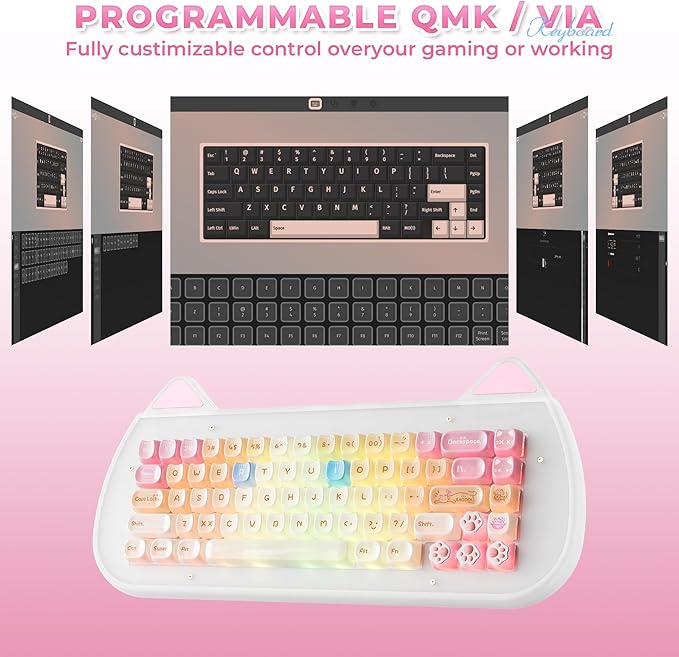 XVX C67 Wireless Mechanical Keyboard Cute Design, 60% Gaming Creamy Keyboard Custom QMK/VIA, BT5.0/2.4G/USB-C Mode, Hot Swappable Linear Switch RGB Backlits, Gasket Mount for Win/Mac(AcriCat, Pink)