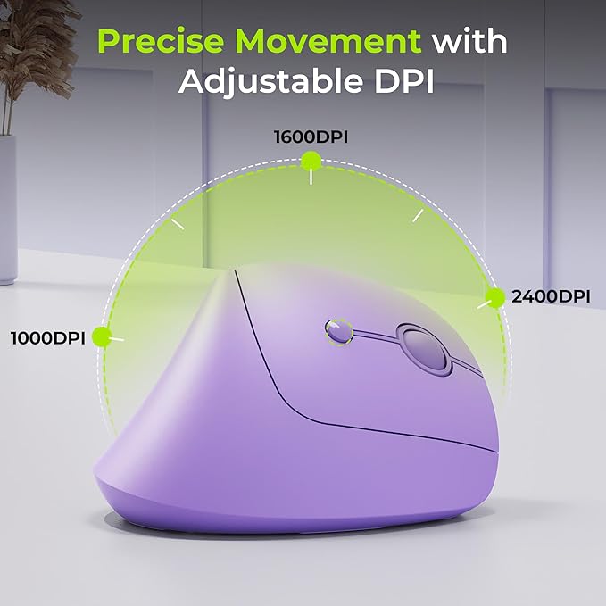 seenda Ergonomic Mouse Wireless, MOU200 Bluetooth Vertical Mouse - 3 Multi-Device Connectivity,1000/1600 /2400 DPI, Ergo Optical Mice for Windows, Mac OS, Computer/PC/Laptop, Purple