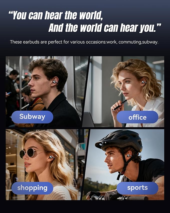 King Lucky Clip-On Earbuds Gen 3, Open-Ear Wireless Bluetooth 6.0 Headphones with Mic, Secure Fit for Small Ears & Glasses Wearers, 50H Playtime, LED Digital Display, ENC, IPX5 Waterproof(Balck)