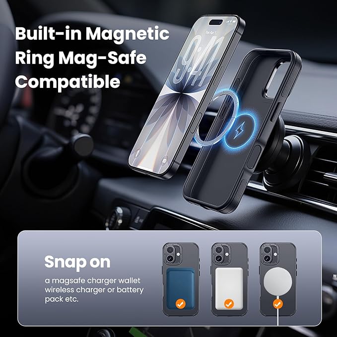 Strong Magnetic Case for iPhone 17 (6.3", 2025) with Stand, Drop-Proof Bumper Cover with Contrast Color Border, Military-Grade Drop Protection, Shockproof Slim Thin Cover,Black