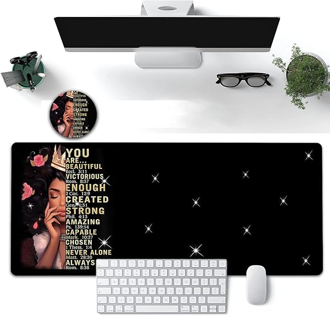 Large Mouse Pad, 31.5 x 11.8in Extended Gaming Mouse Pad with Stitched Edges,XXL Mousepad Protector Non Slip Rubber Base for Office Home Writing Mat,African American Women Black Girl,Black Desk Mat