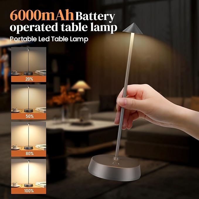 Rechargeable Cordless Small Table Lamp,6000mAh Battery Operated,LED Touch Dimmable Modern TableTop,Portable Outdoor Bedside Night Light for Restaurant/Dining/Bedroom/Living Room/Coffee(Grey-2PC)