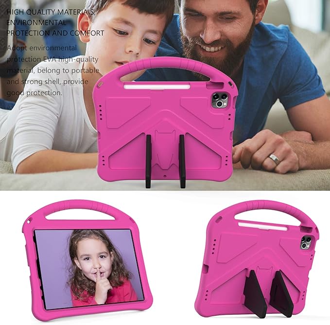 Kids Case for iPad Pro 11" 2022/2021/2020/2018, iPad Air 5th/4th Generation Case with Pencil Holder, Techcircle Lightweight Shockproof EVA Foam Handle Stand Anti-Slip Grip Rugged Case, Rose