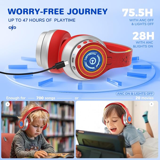 iClever Auraa Active Noise Cancelling Headphones for Kids, LED Light Up, Bluetooth 6.0, Type C Fast Charging, Safe Volume 80dBA, 47H Play Time, Kids Headphones Wireless for Travel iPad Tablet, Sliver