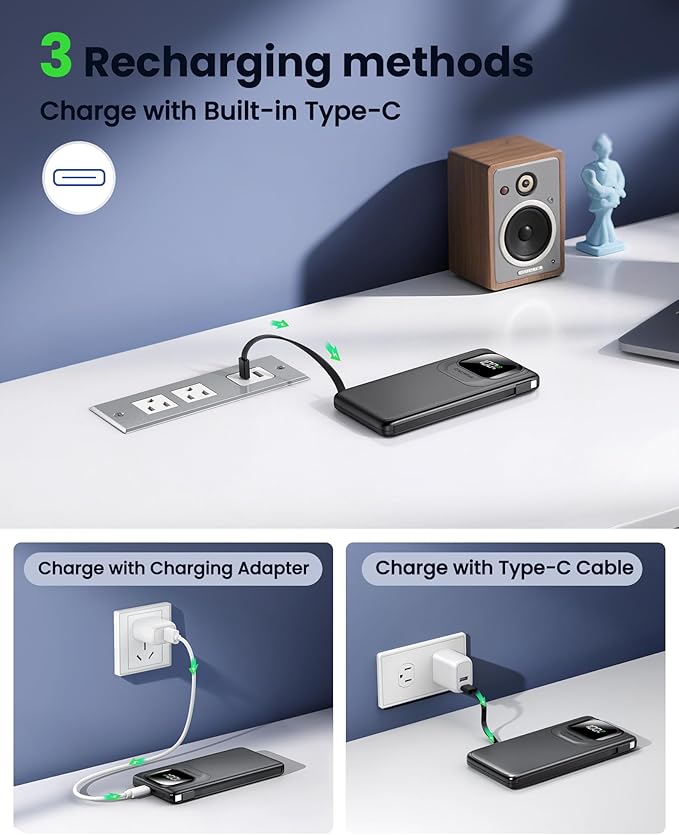Portable Charger with Built-in Cables,22.5W Super Fast Charging Power Bank Slim Phone Charger,10000mAh Travel Battery Pack Battery Bank with Smart LED Display for iPhone, Android & USB-C