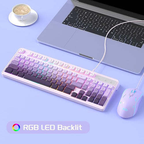 MageGee Gradient Purple Creamy Keyboard and Mouse Combo,MageGee GK980 Wired RGB Backlit Keyboard and Gradient Purple Gaming Mouse Combo,PC Keyboard and Adjustable Sensitivity Mouse for PC/loptop/MAC