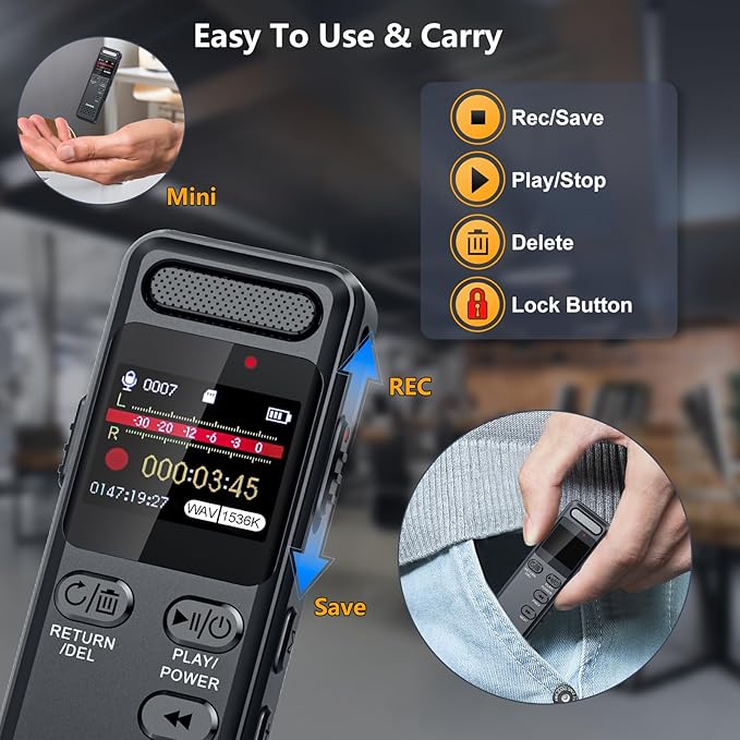 96GB Digital Voice Recorder with Playback, 1100mAh Mini Audio Recording Device for Lecture Interviews, 1536Kbps Voice Activated Recorder with Noise Reduction, Password, External Microphone