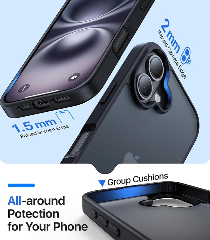 for iPhone 16 Case, [Military-Grade Drop Protection][Anti-Yellowing] Shockproof Protective Translucent Matte Cover for iPhone 16 Phone Case,Titanium Black