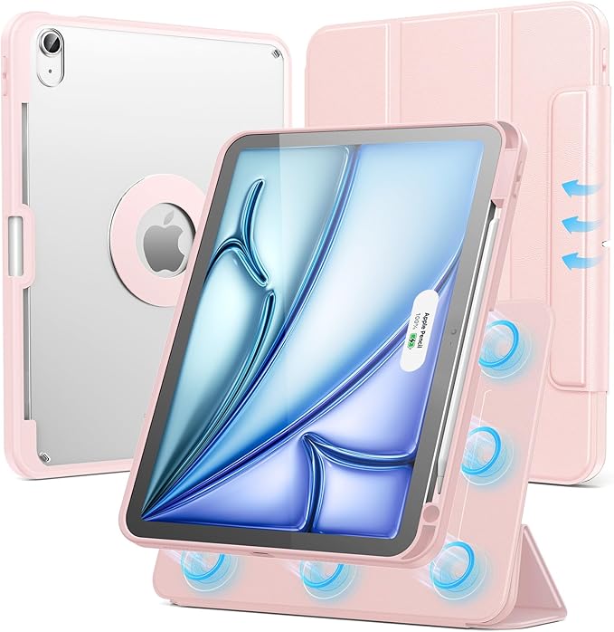 SPARIN Case for iPad Air 11 inch M3/ M2, iPad Air 7th/6th/5th/4th Gen (2025/2024/2022/2020) 10.9 inch,Case with Apple Pencil Holder, Detachable Magnetic Cover, Portrait and Landscape Stand, Pink
